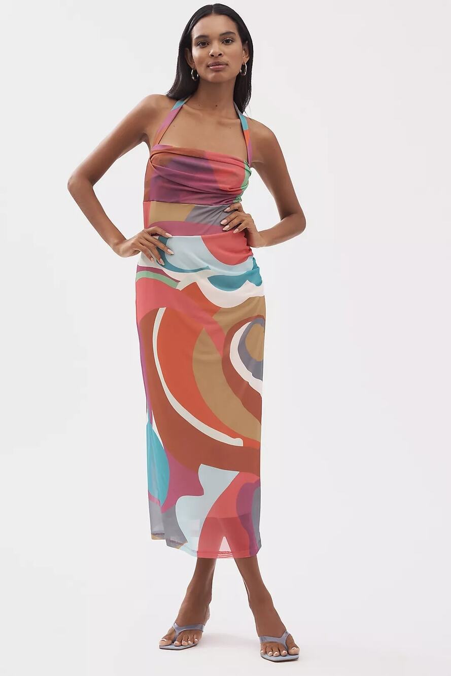 NWT By Anthropologie Square-Neck Halter Midi Dress $148 LARGE PETITE Pink